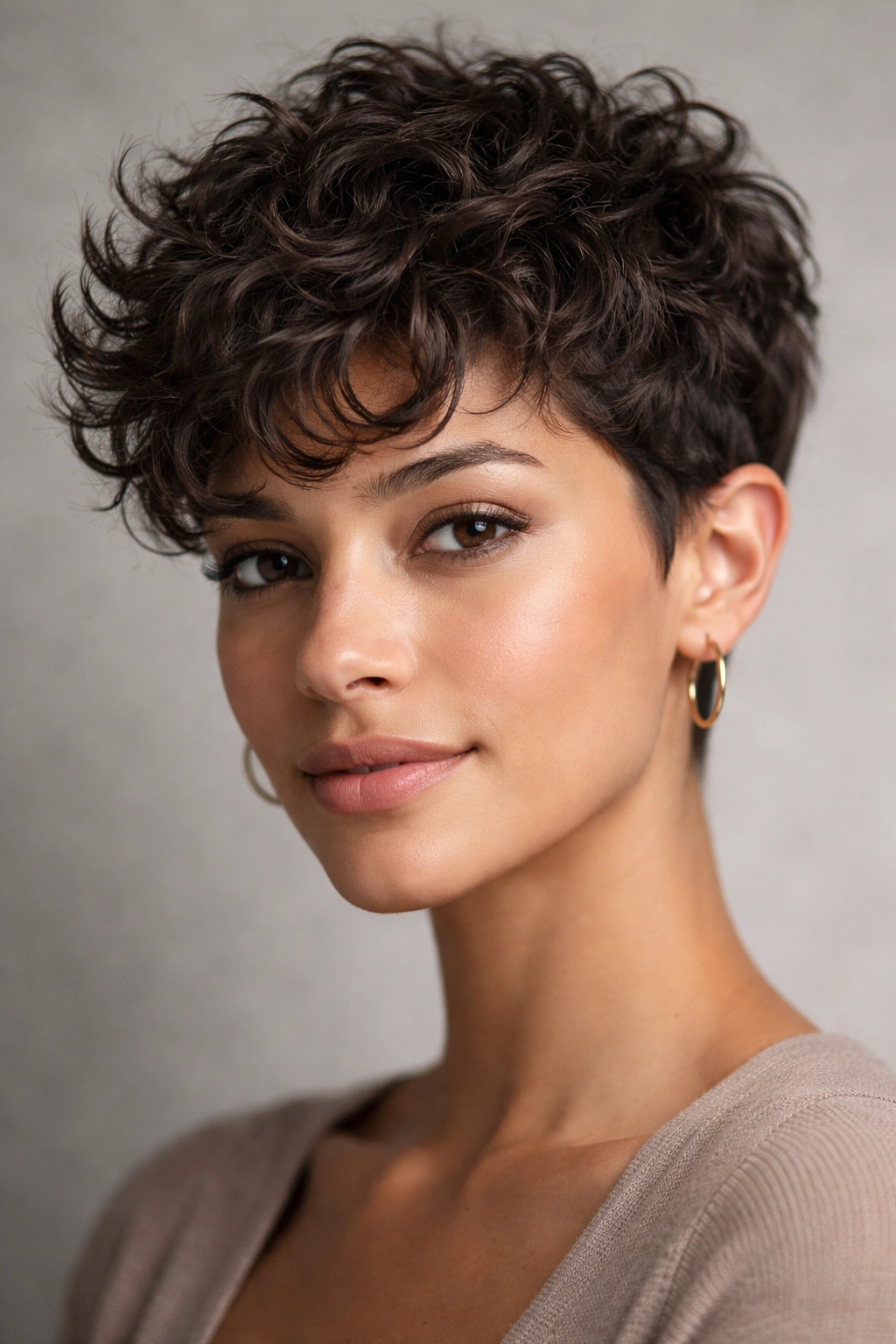 20 Short Curly Haircuts That Look Incredible 3 Person with textured pixie cut showing defined texture and movement.