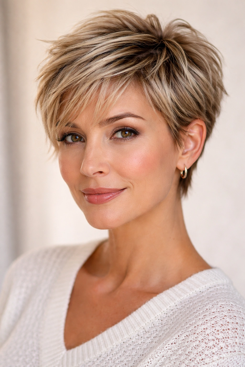 Close-up of a 40s-50s woman with textured pixie cut and tousled layers