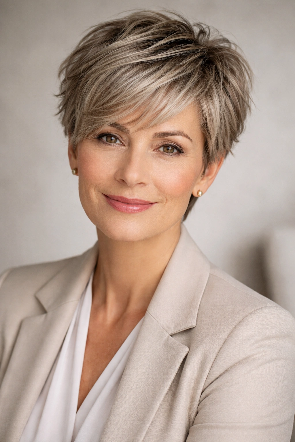 Portrait of a woman with a textured pixie cut in a studio