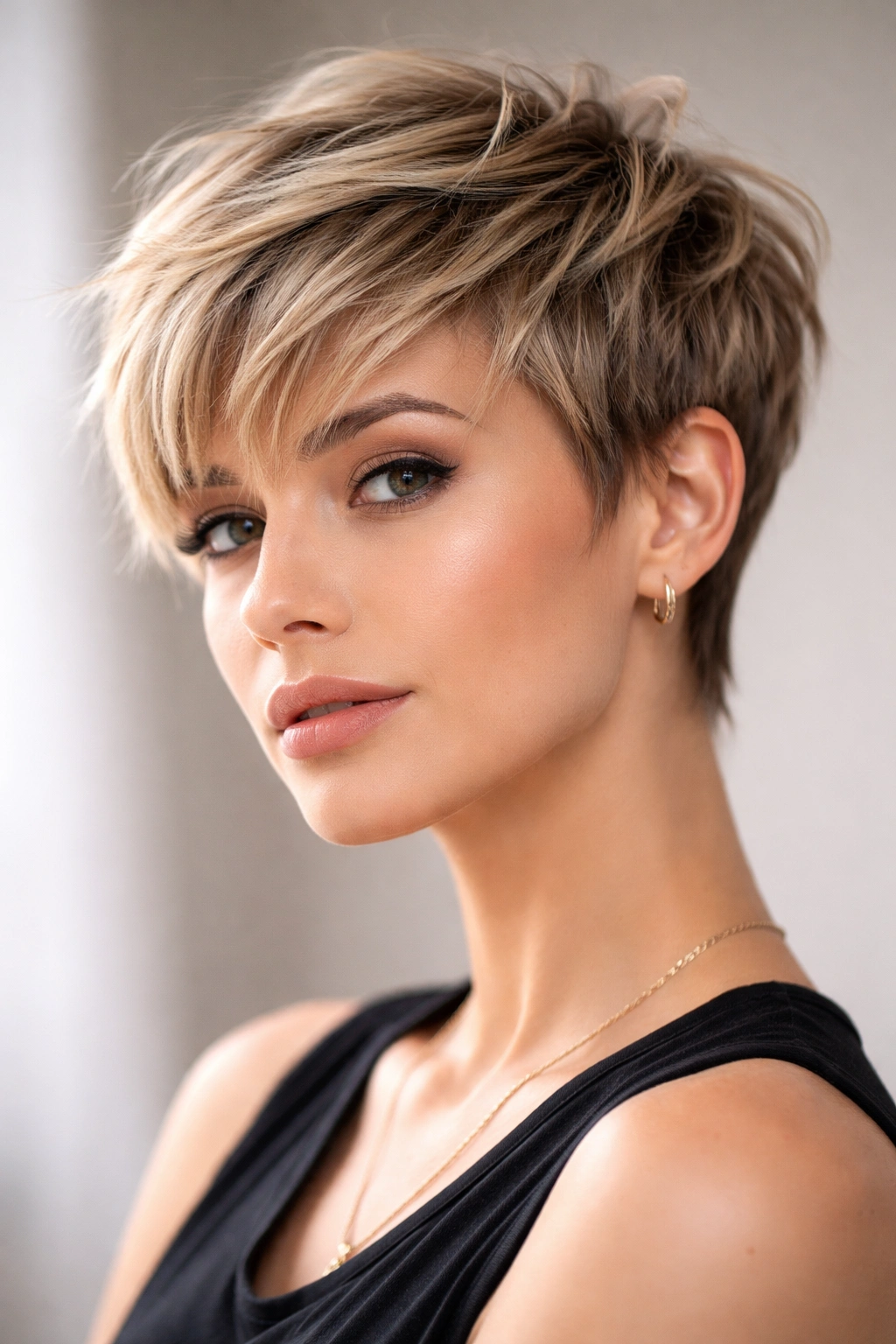 Close-up of a textured pixie cut with choppy layers on fine hair.