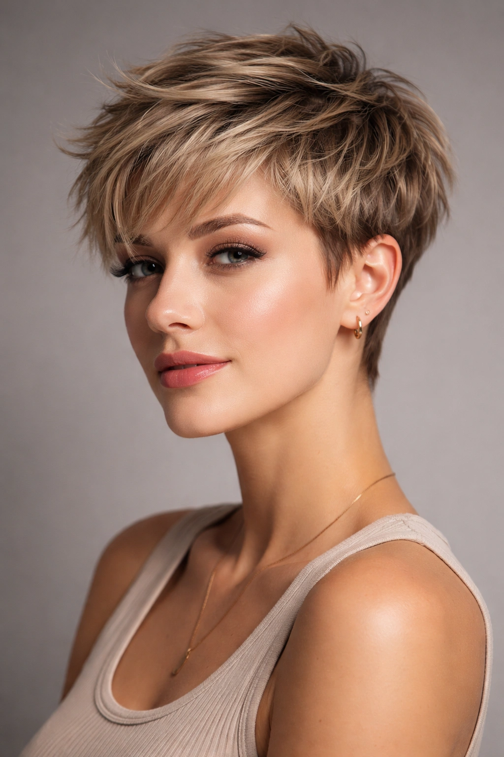 Close-up of a model with a textured pixie cut showing layered movement and volume