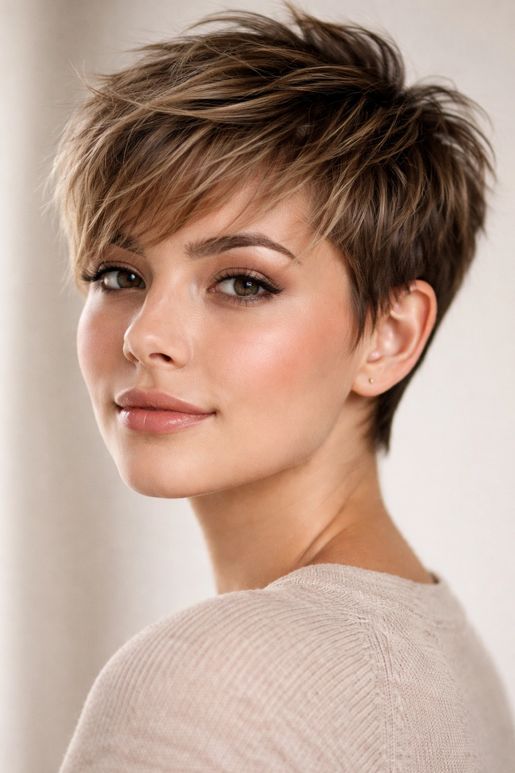 Model with textured pixie cut featuring choppy layers and movement.