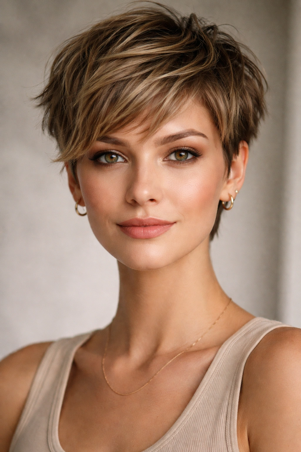 Textured pixie cut with choppy layers around crown.