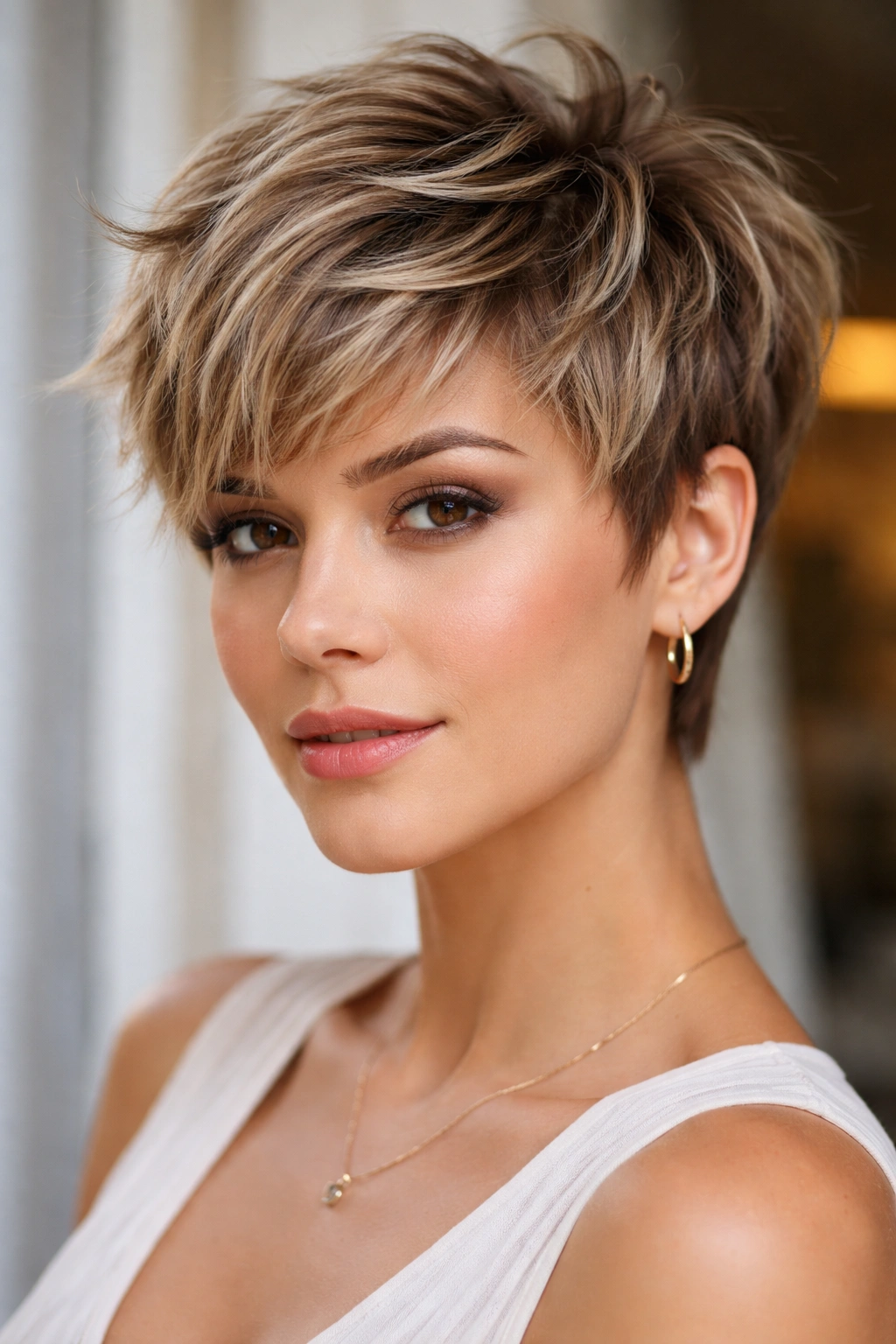 12 Hairstyles That Flatter A Wider Face Shape 5 Close-up of a textured pixie cut with choppy layers.
