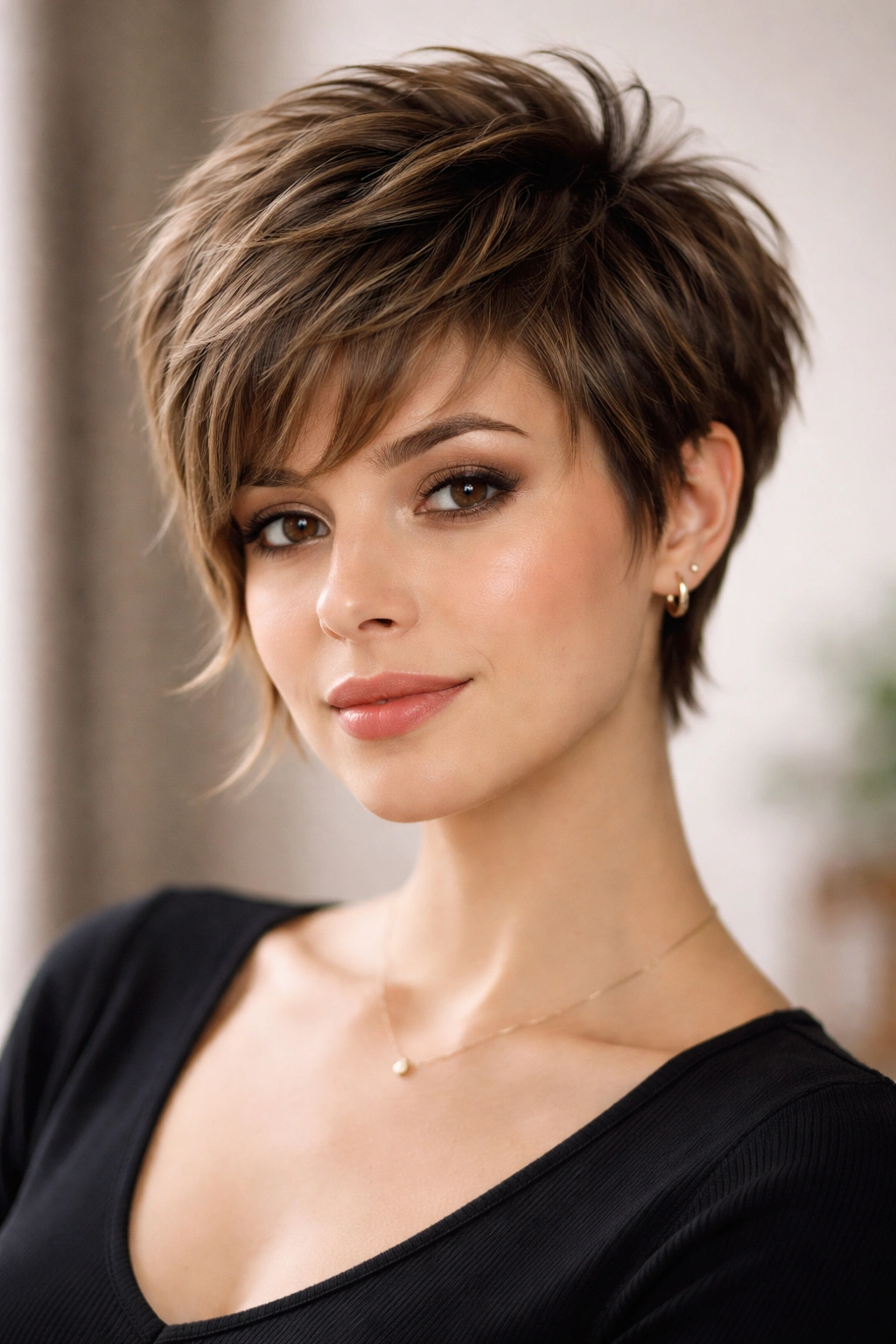 15 Hairstyles That Beautifully Flatter Round Faces 3 Textured pixie cut with crown volume and long sides