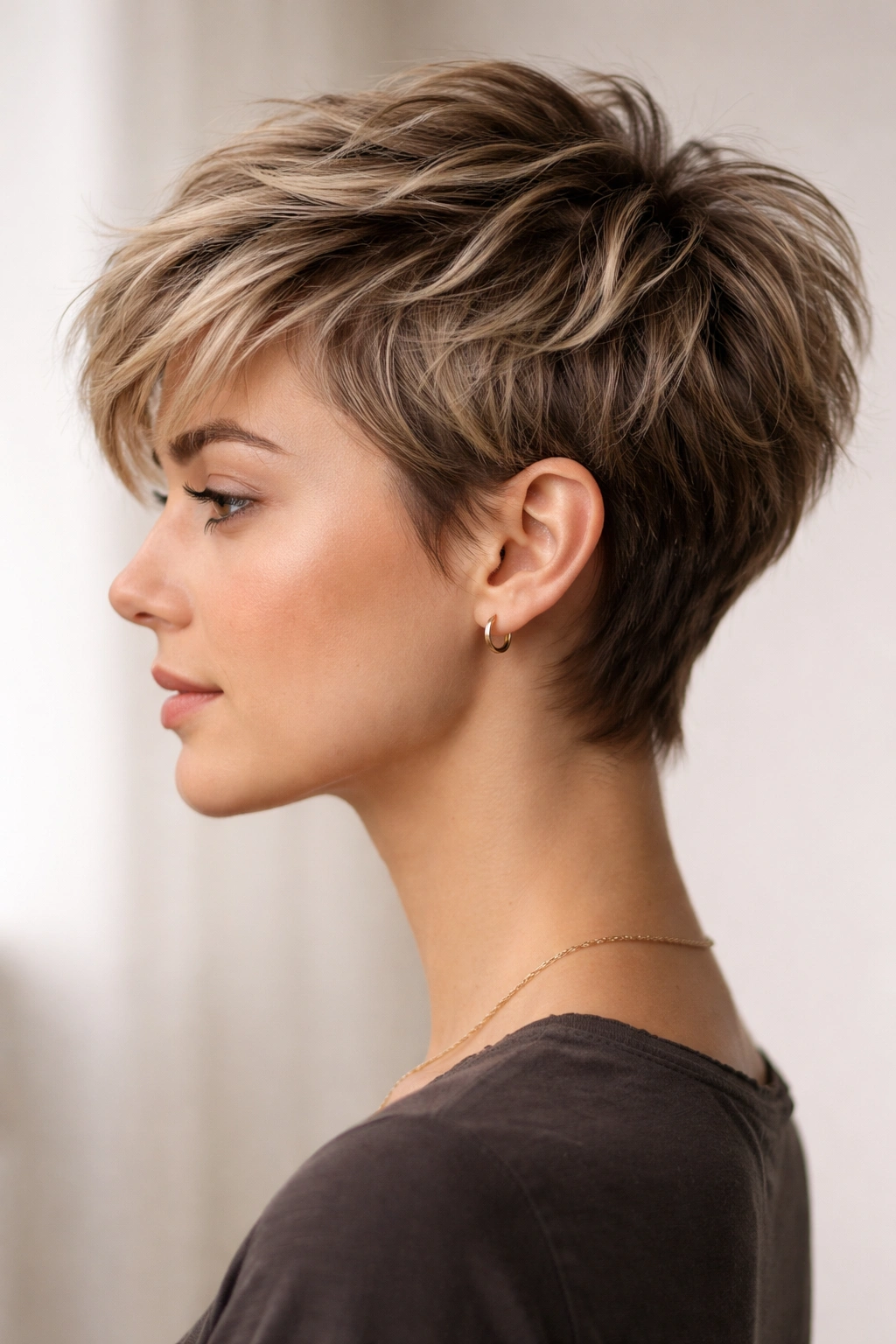 15 Short Textured Cuts That Give You Built In Volume 1 Close-up profile of a woman with a textured pixie cut showing choppy layers and crown volume.