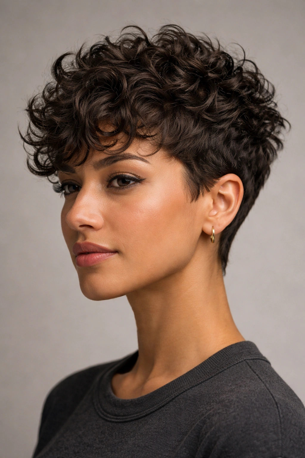 Close-up of a textured pixie cut with choppy layers and tapered sides, on a neutral backdrop