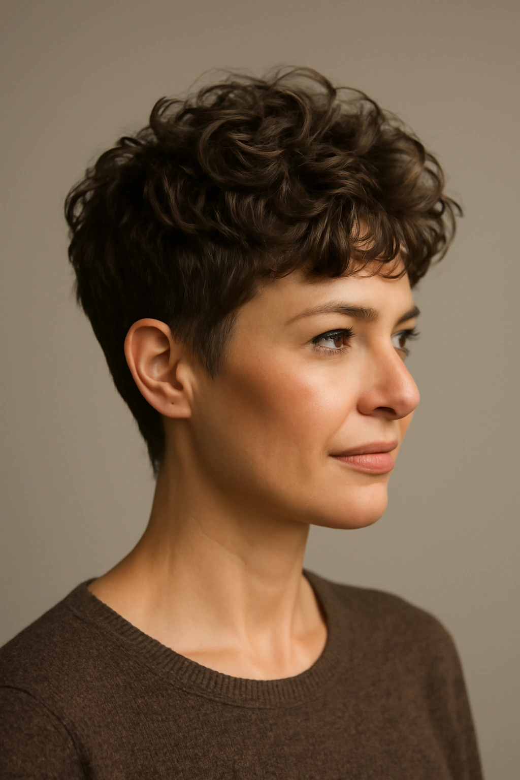 Close-up of textured pixie cut highlighting dimension and movement in curls