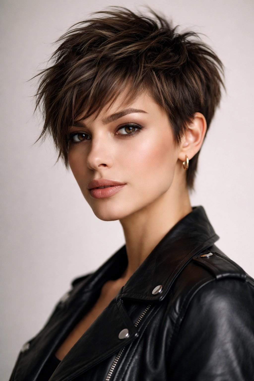 Close-up portrait of a person with a textured pixie cut featuring choppy layers.