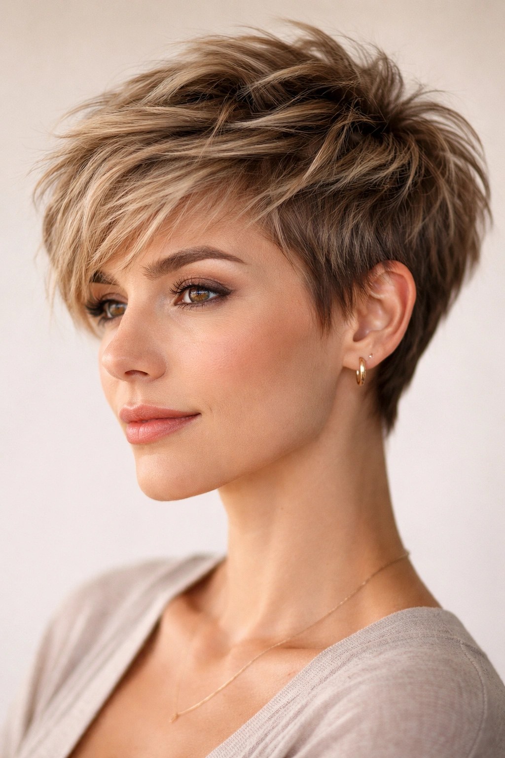 10 Short Haircuts That Help Control Frizzy Hair 1 Close-up of a textured pixie cut with layered crown and side lengths emphasizing texture and movement.
