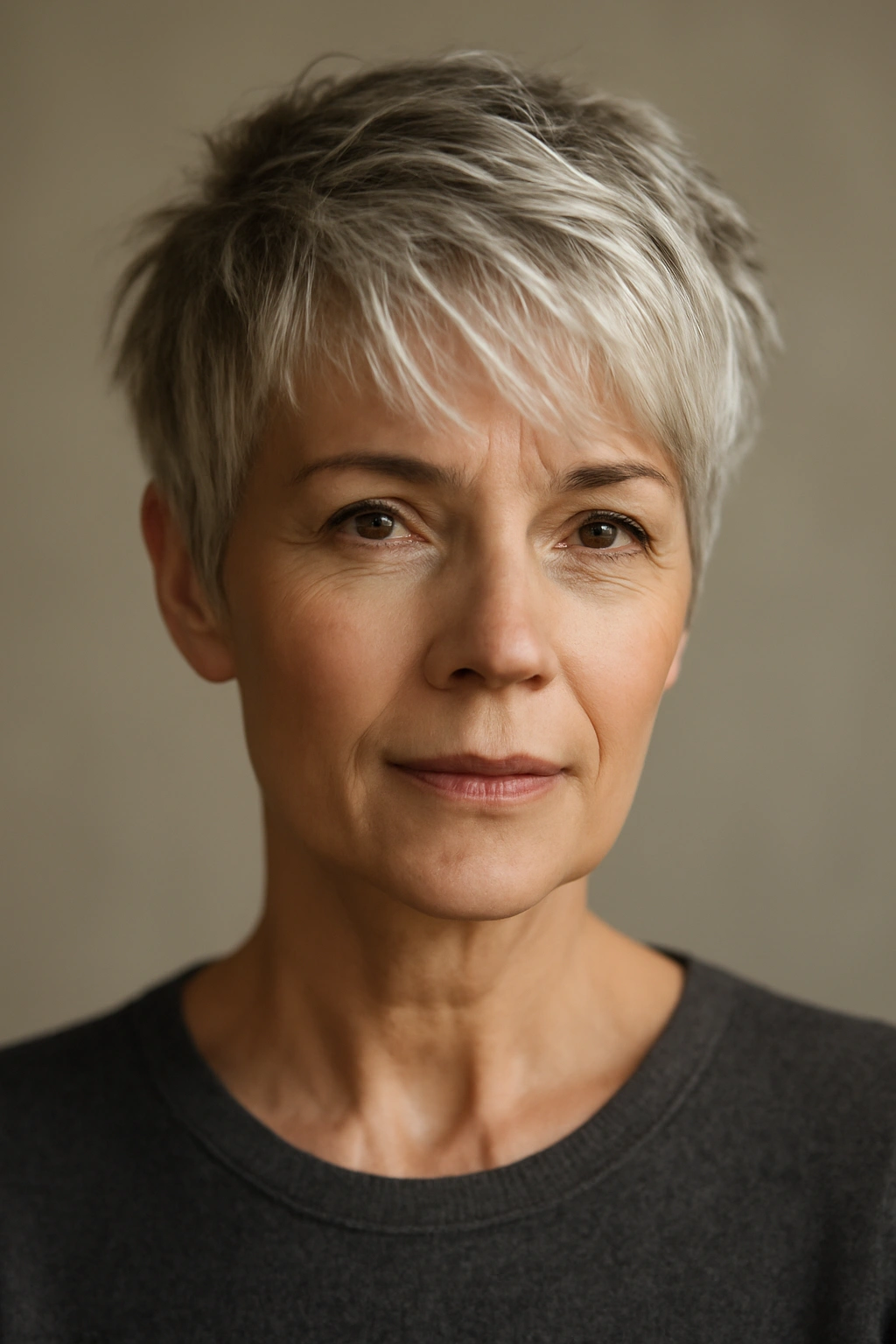 15 Modern Hairstyles for Older Women With Great Style 1 Close-up of a mature woman with a textured pixie cut showing choppy layers and light-catching top