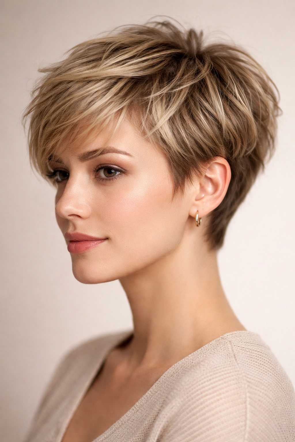 Close-up of a person with a textured pixie cut featuring choppy layers
