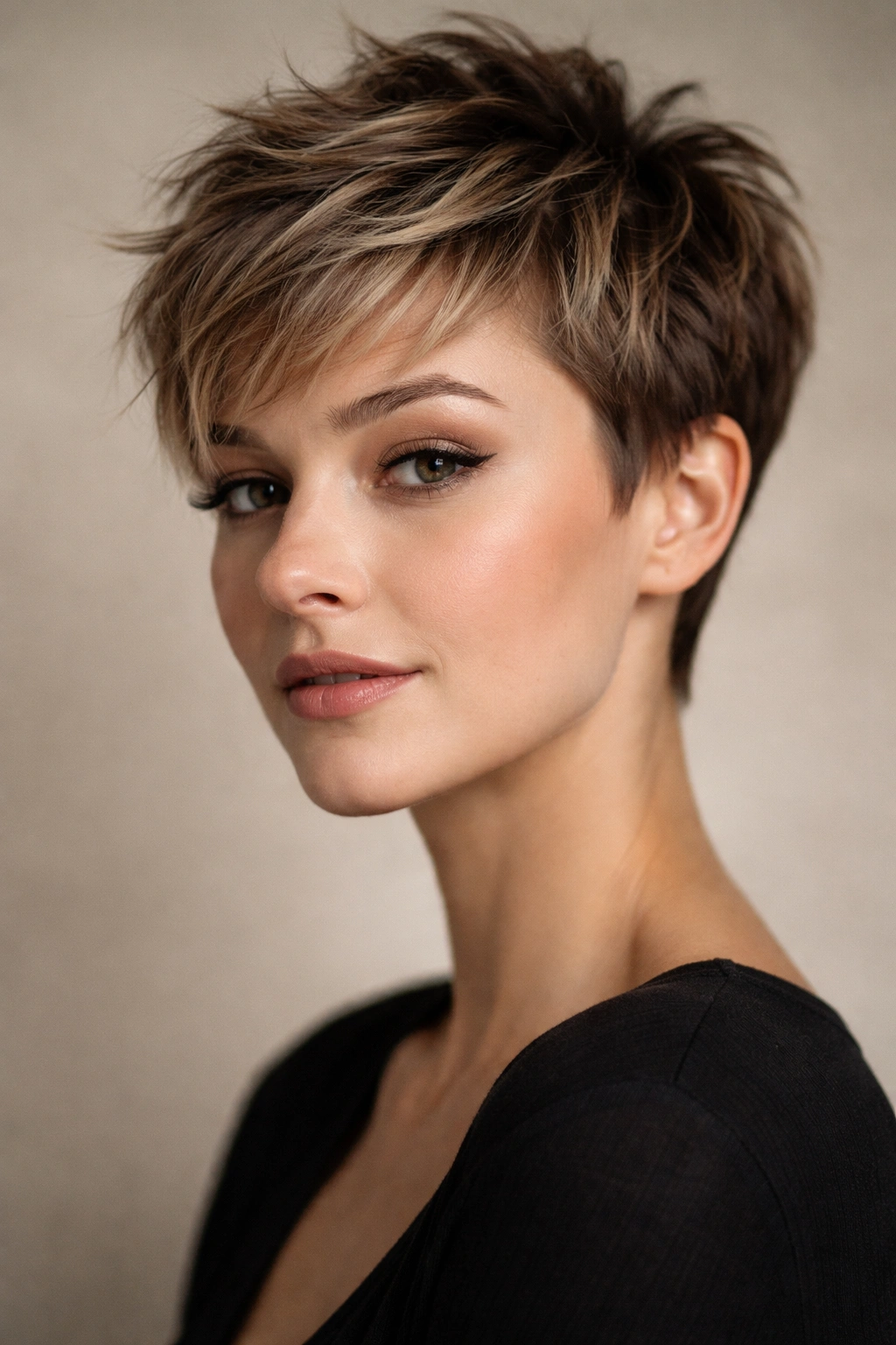 Close-up portrait of a person with a textured pixie cut featuring layered top and short sides against a neutral background