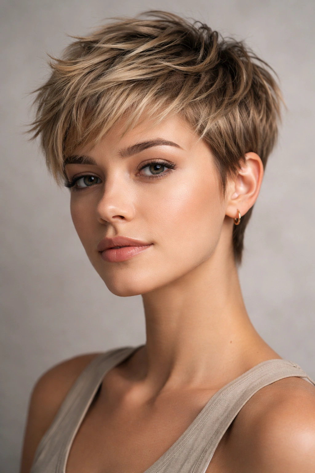 Close-up of a person with a textured pixie cut showing layered, choppy ends and movement