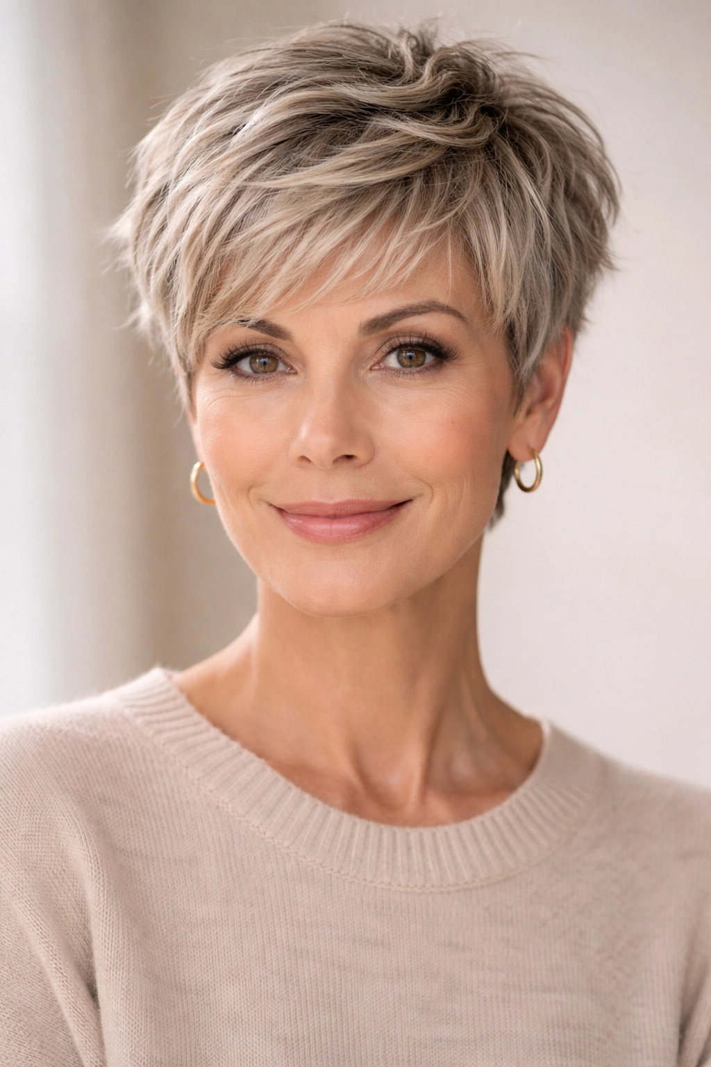 Close-up of a short textured pixie cut with choppy layers and density