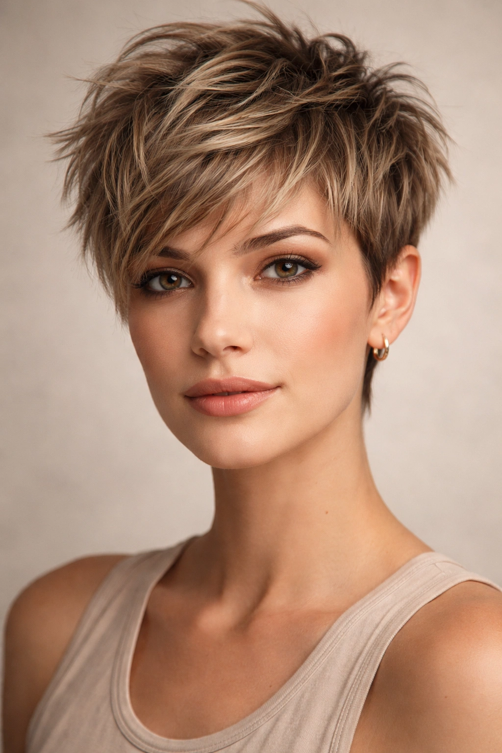 Close-up of a textured pixie cut with choppy layers catching light