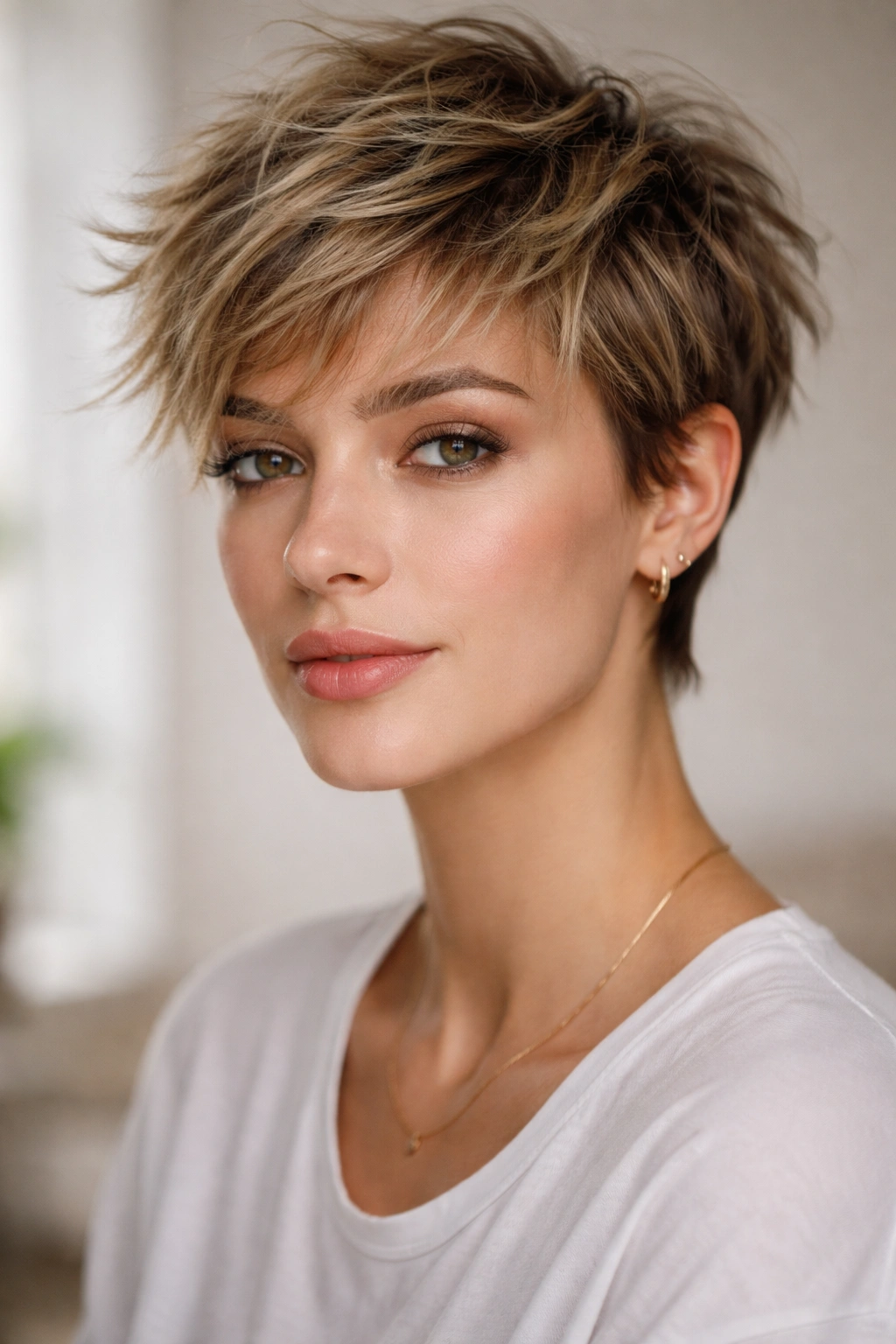 Close-up of a textured pixie cut with choppy layers and tousled finish.