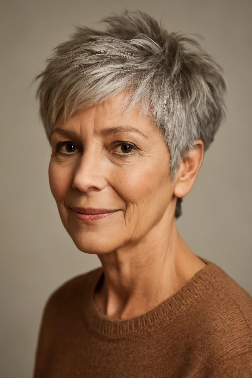 15 Youthful Hairstyles For Women Over 60 1 Close-up of a person with a textured pixie cut showing face-framing layers and choppy texture