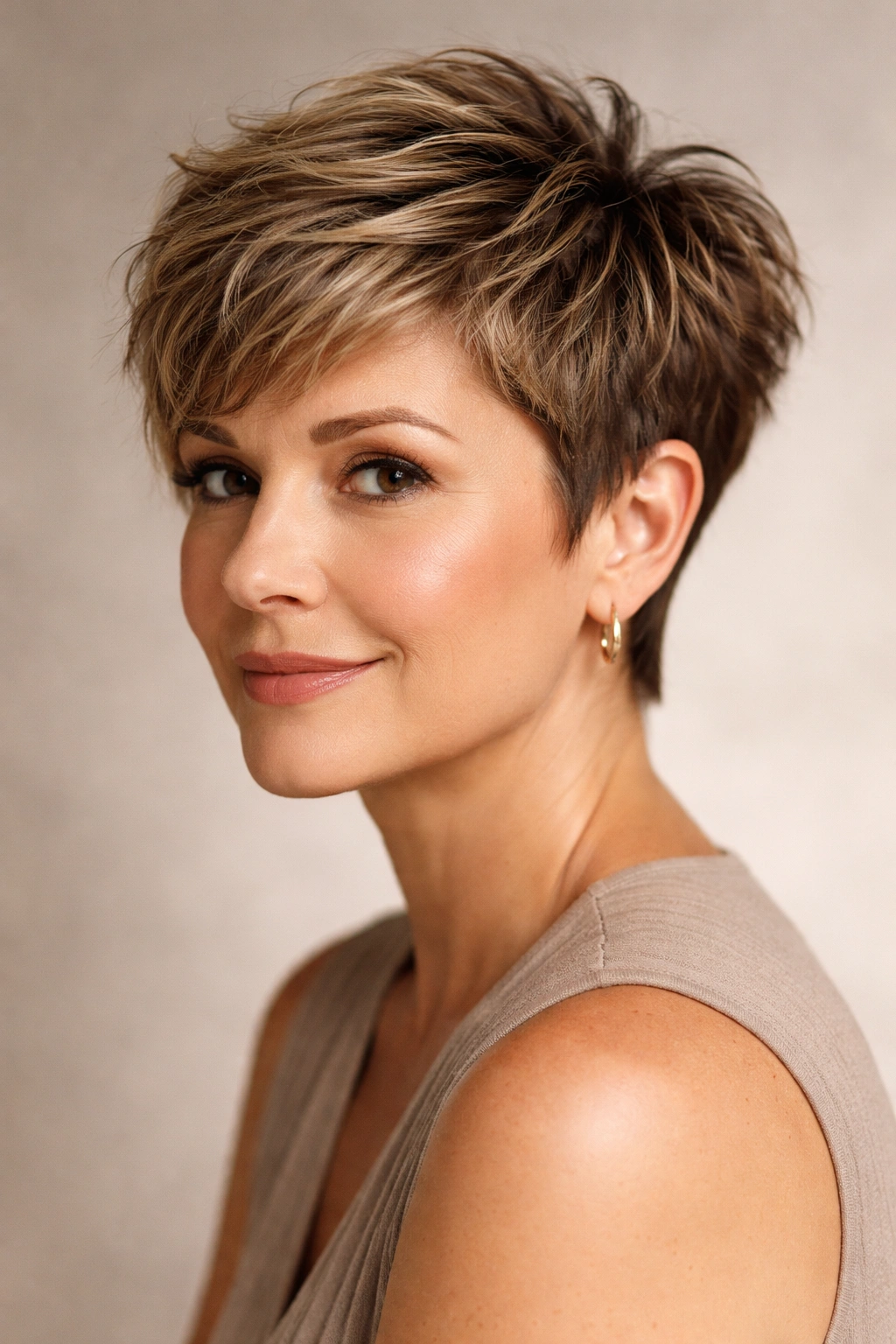 18 Short Hairstyles For Round Faces Over 40 1 Close-up of textured pixie cut on a round-faced woman highlighting crown height and texture