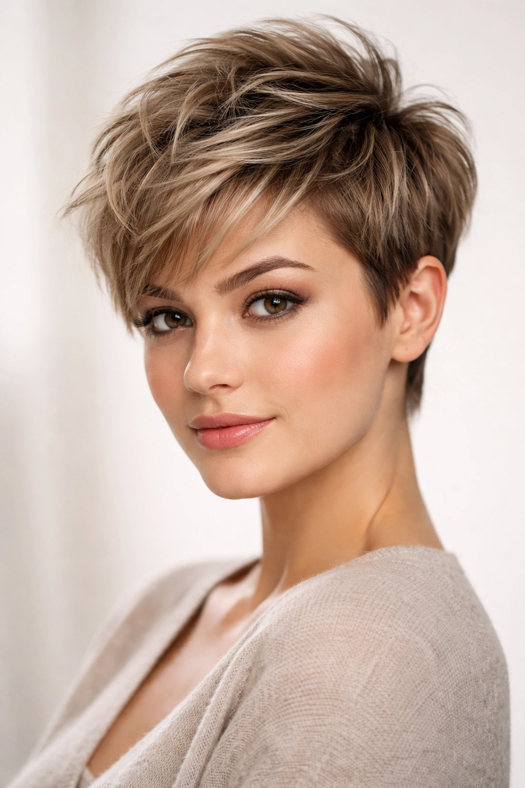 Textured pixie cut with longer top pieces swept to the side