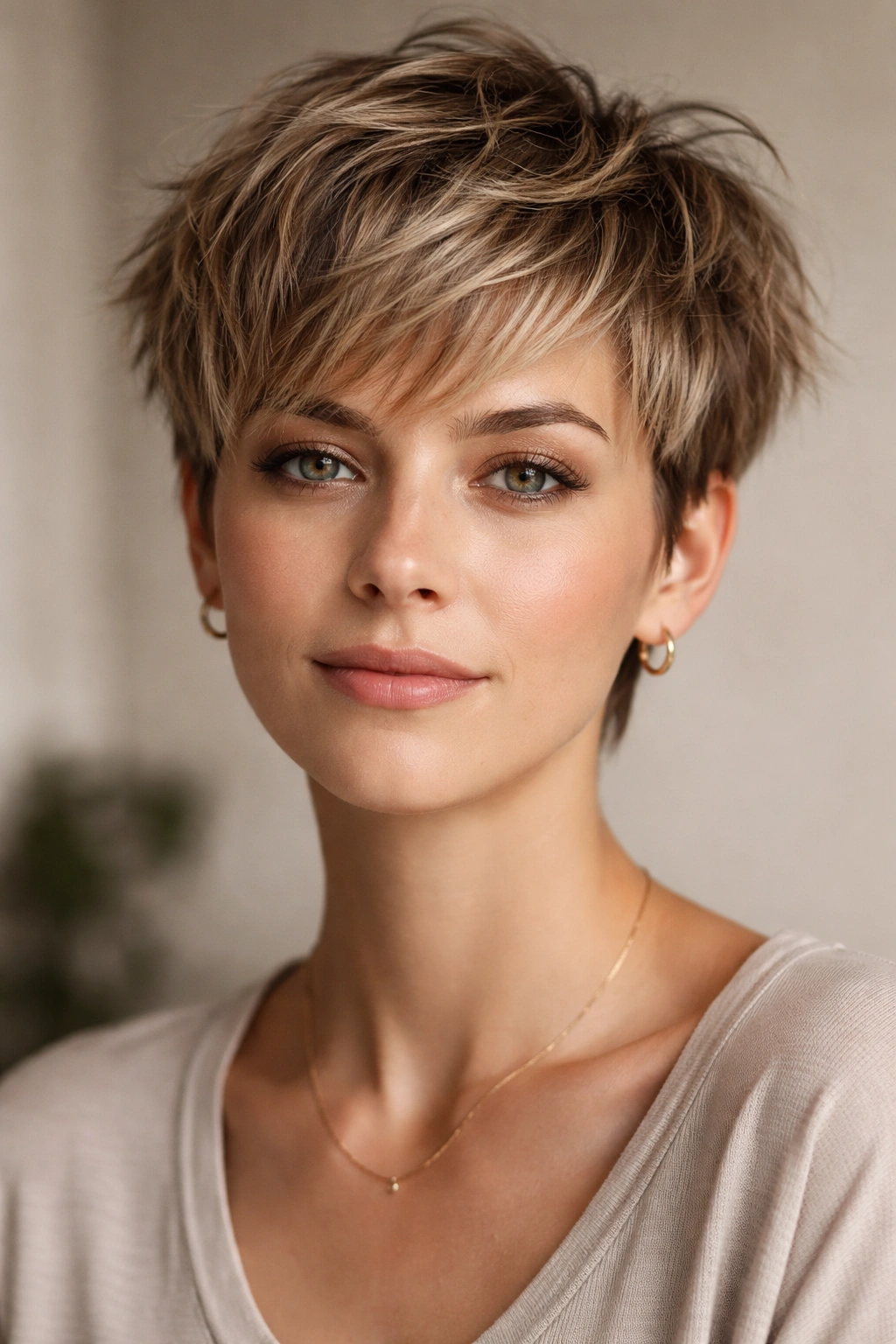 15 Low Maintenance Haircuts For Packed Schedules 1 Close-up of a person with a textured pixie cut, showing choppy layers and movement in studio light