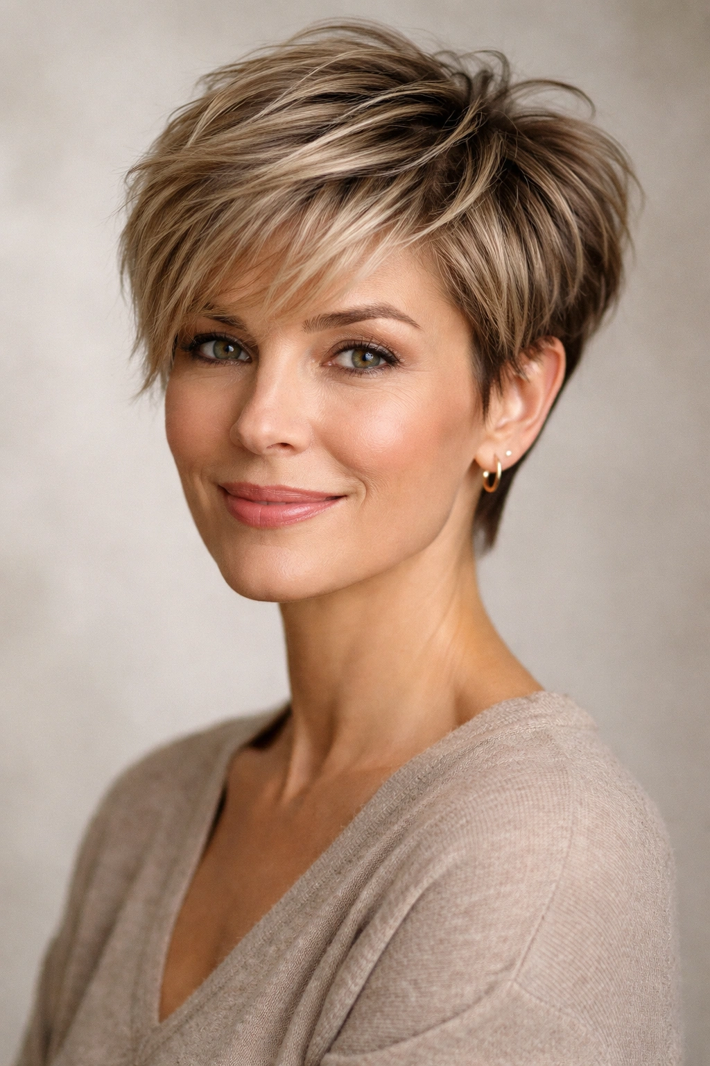 15 Short Haircuts For Women In Their 40s And 50s 1 Close-up portrait of a woman with textured pixie cut and layered angles.