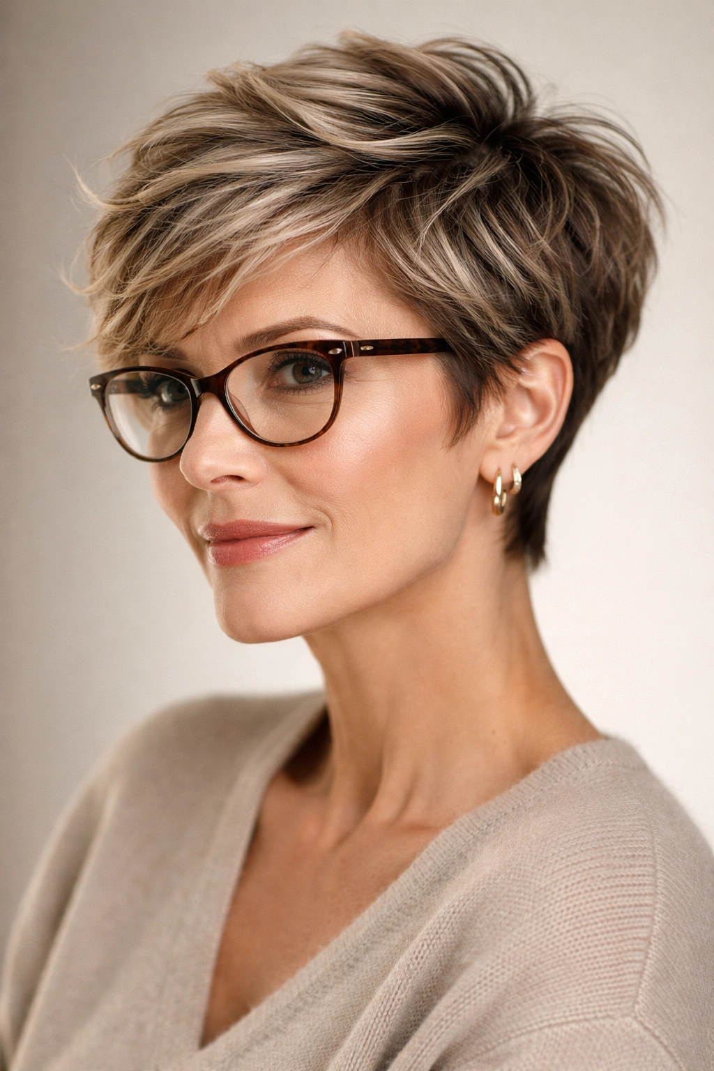 15 Hairstyles For Women Over 40 Who Wear Glasses 1 Close-up of a mature woman with a textured pixie cut showcasing layered crown and cheekbone framing
