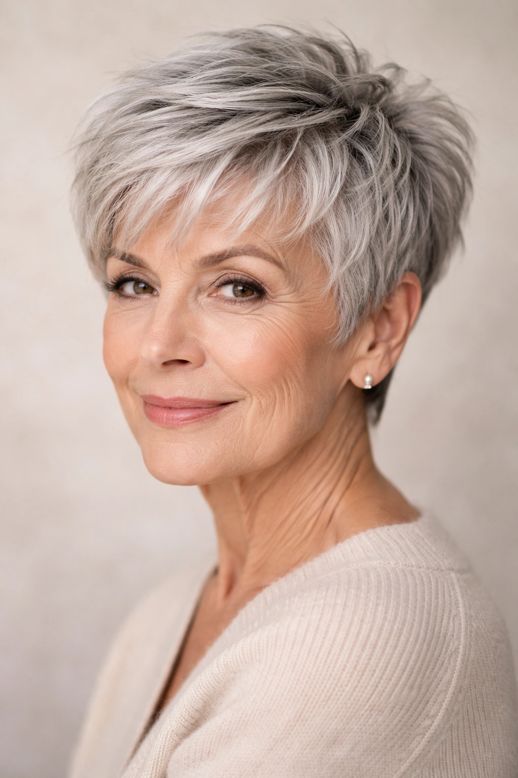 Close-up of a silver-haired woman with a textured pixie cut.