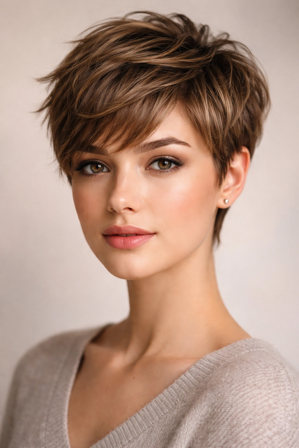 Close-up portrait of a textured pixie cut with layered crown and piecey ends on neutral studio backdrop