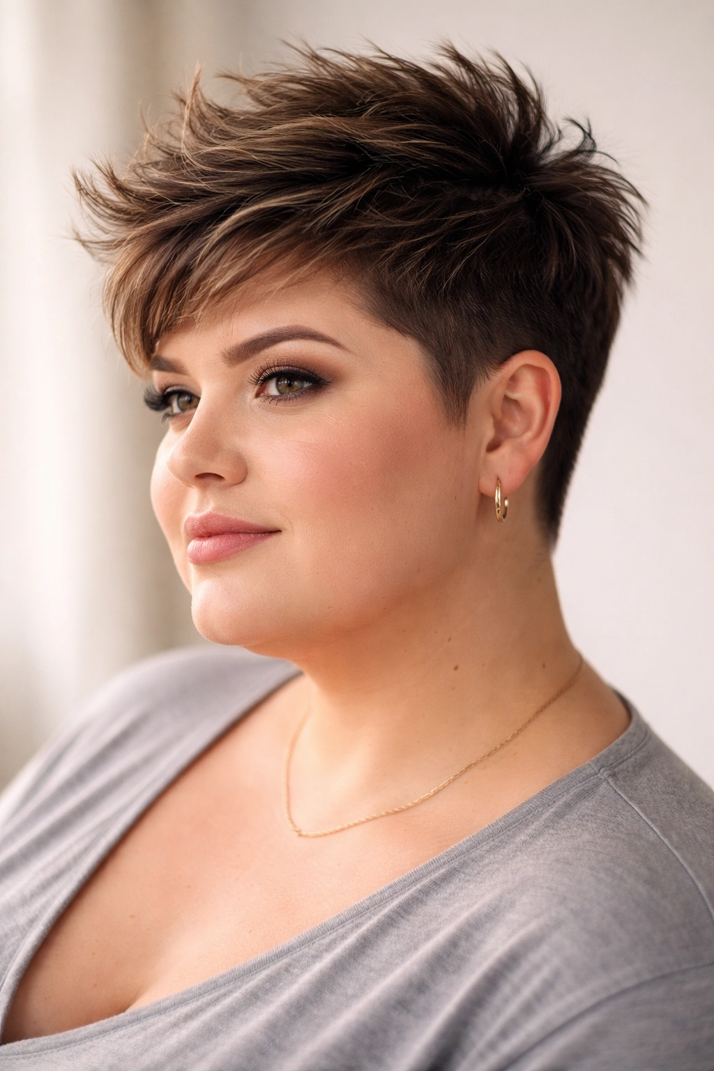 12 Short Haircuts For Plus Size Women With Round Faces 1 Close-up of a textured pixie cut on a round-faced model highlighting vertical texture