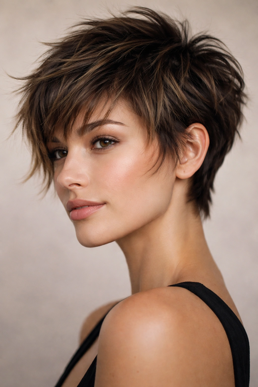 Close-up of a textured pixie with choppy layers and face-framing pieces