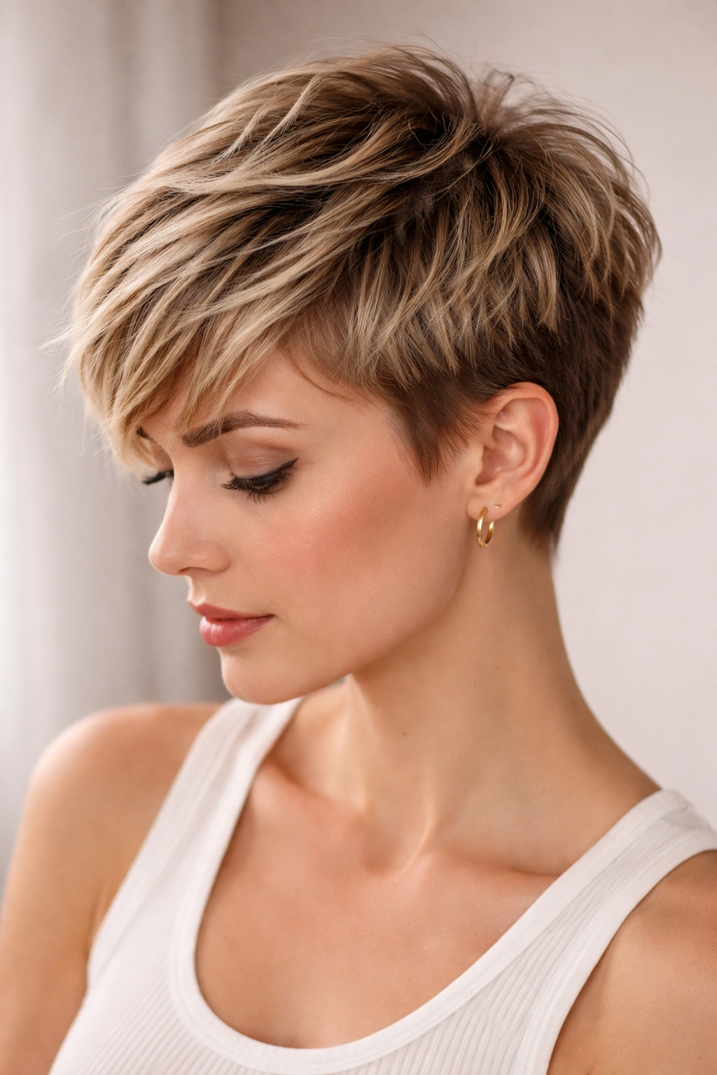 Close-up of a textured pixie crop with layered top and tapered sides.