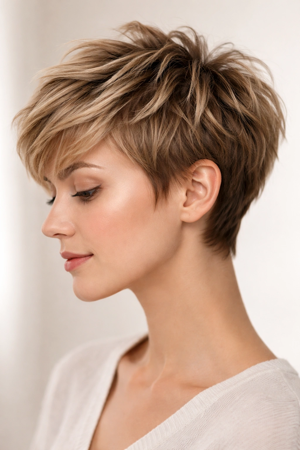 Close-up side profile of a textured pixie cut with choppy layers for volume