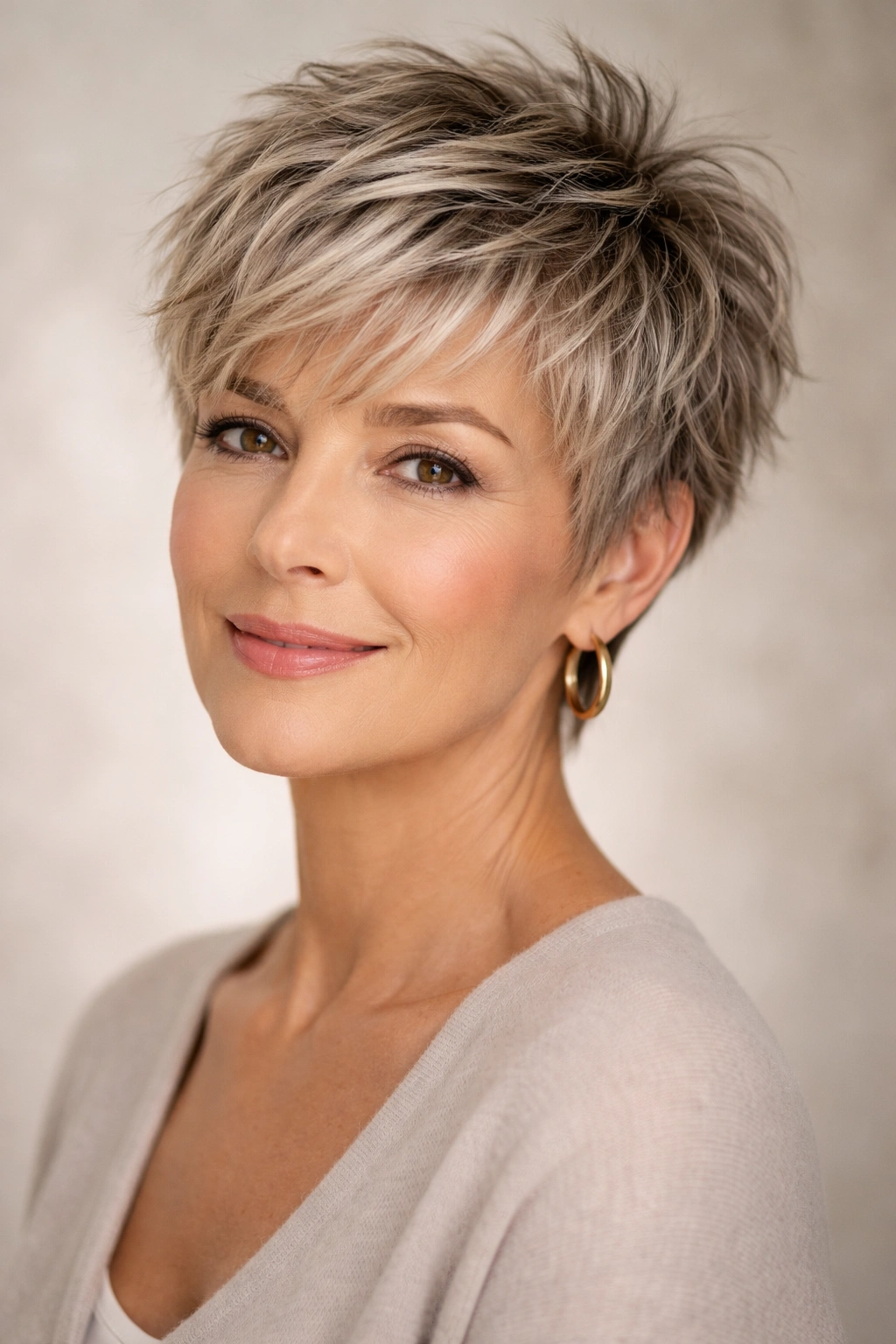 20 Volume Boosting Hairstyles For Older Women 1 Close-up portrait of a woman with a textured pixie cut showing lifted crown and choppy layers