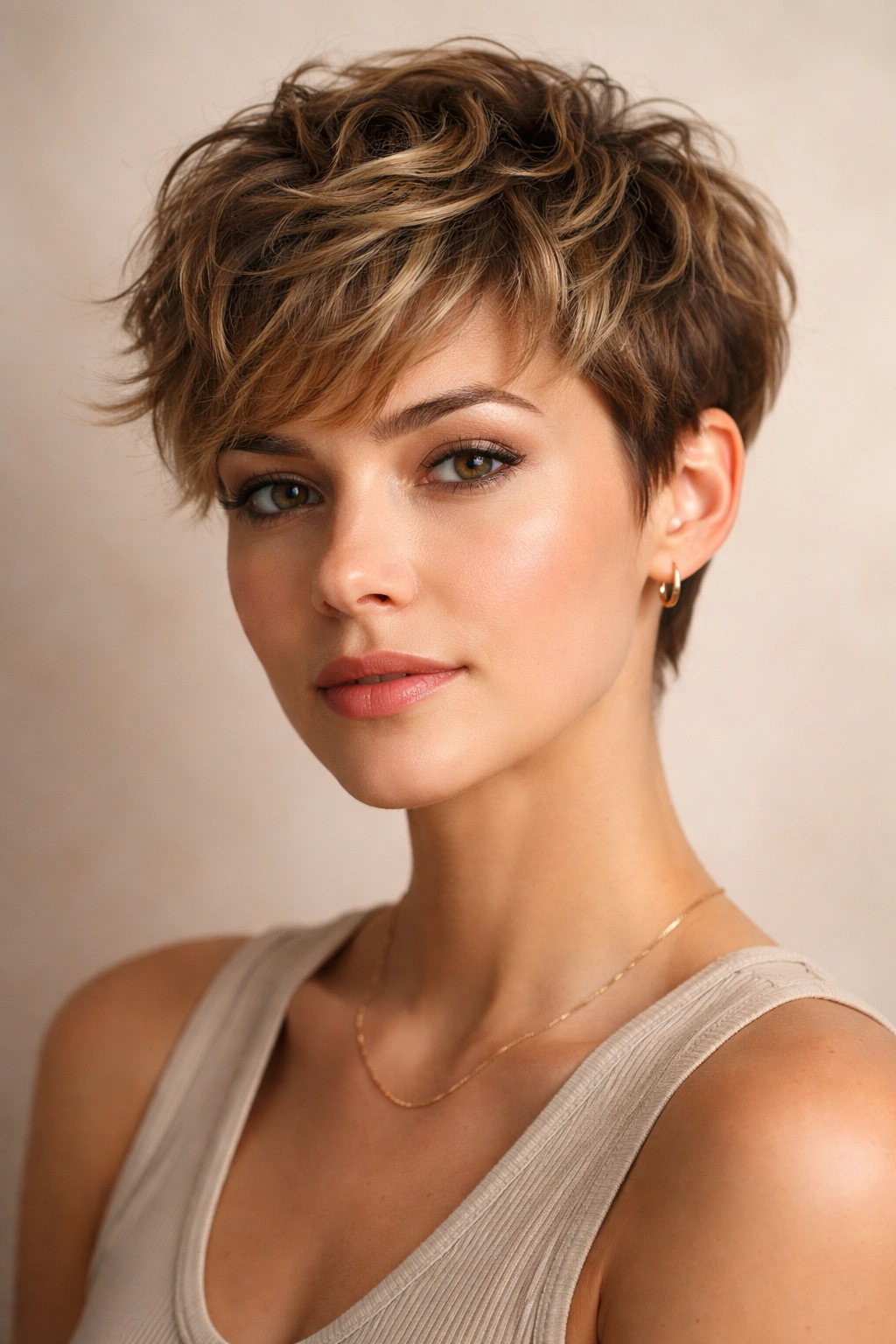 Close-up of a textured pixie cut with layered crown and wave texture
