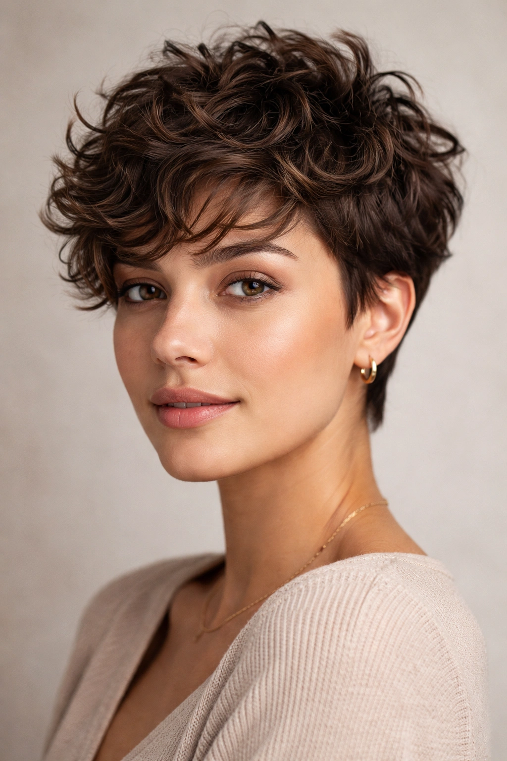 Close-up portrait of a textured pixie cut with wavy curls, showing choppy layers
