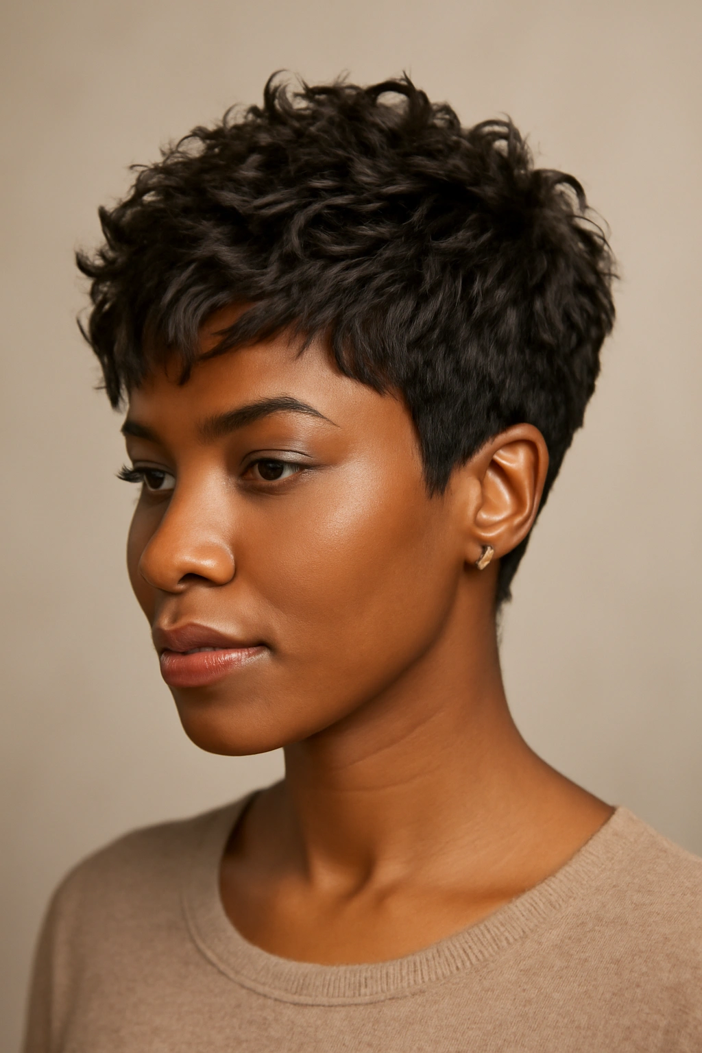 12 Short Weave Hairstyles Black Women Are Loving 1 Close-up of a Black woman with textured pixie weave and layered top.