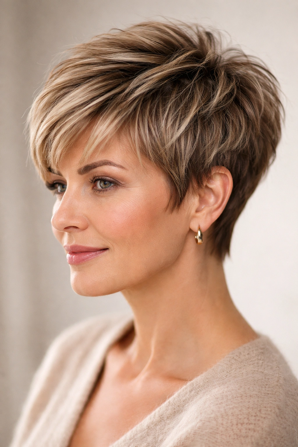 Close-up of textured pixie cut with wispy layers, short back and longer top.