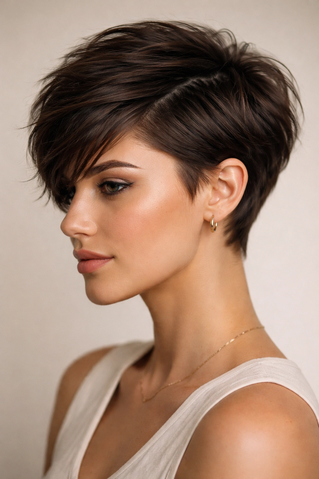 Close-up of Textured Pixie With Deep Side Part showing a deep side part and textured layers