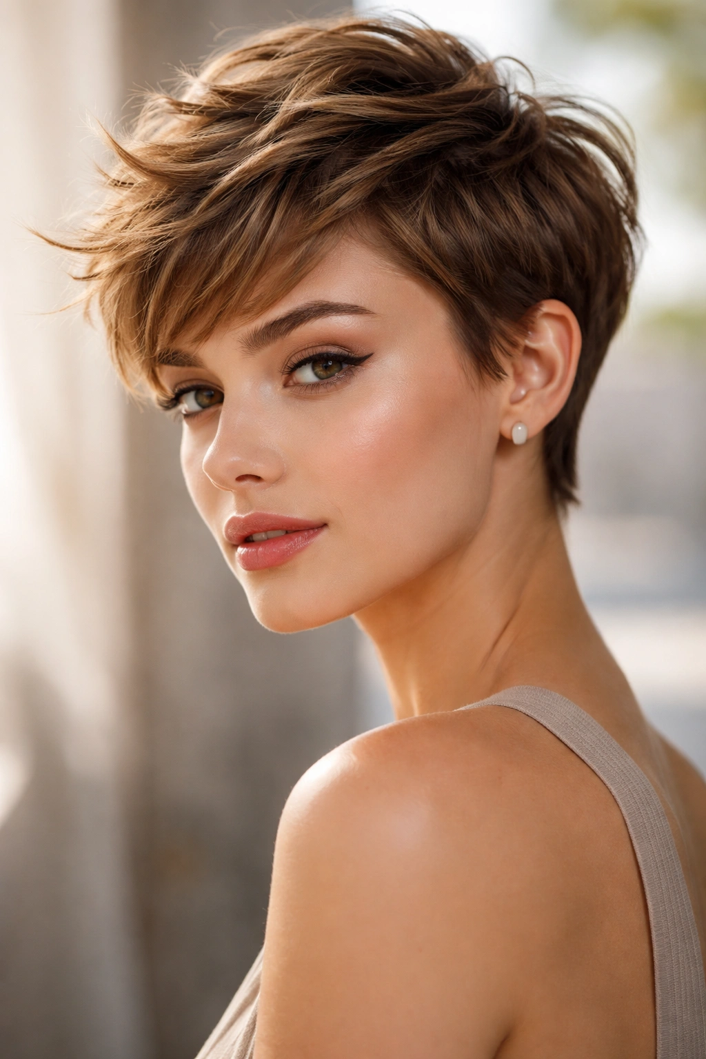 Young woman with diamond face wearing a textured pixie with a longer top.
