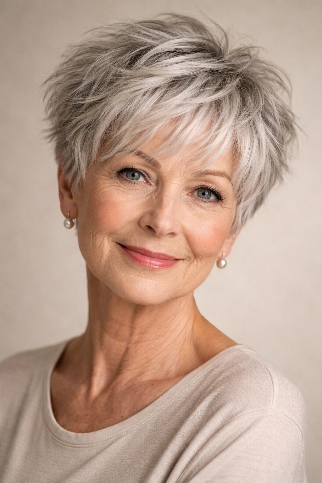Elderly woman with a textured pixie cut showing lift and texture