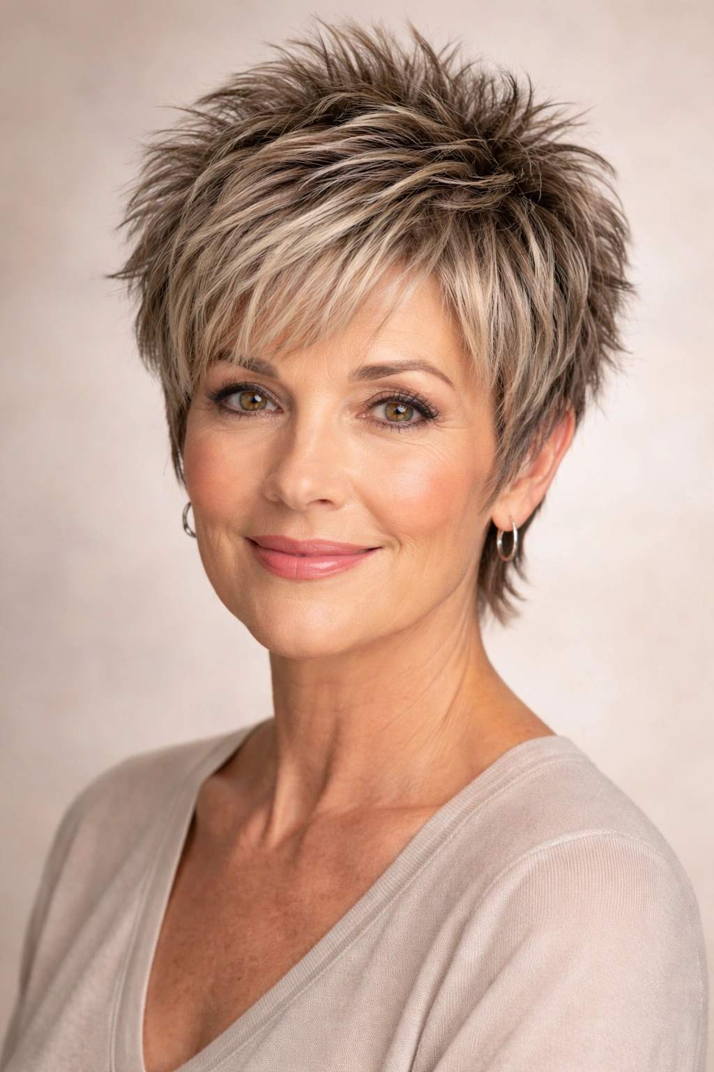 Close-up of a mature woman with a textured pixie with extended sides showing volume and face-framing layers.
