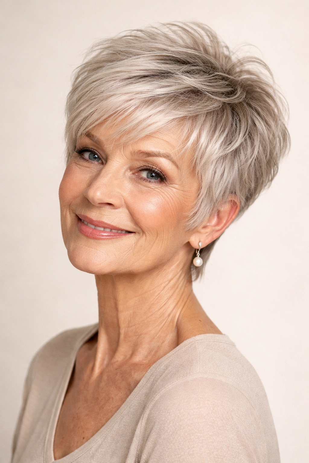 Close-up of textured pixie cut adding volume to fine hair on a mature woman