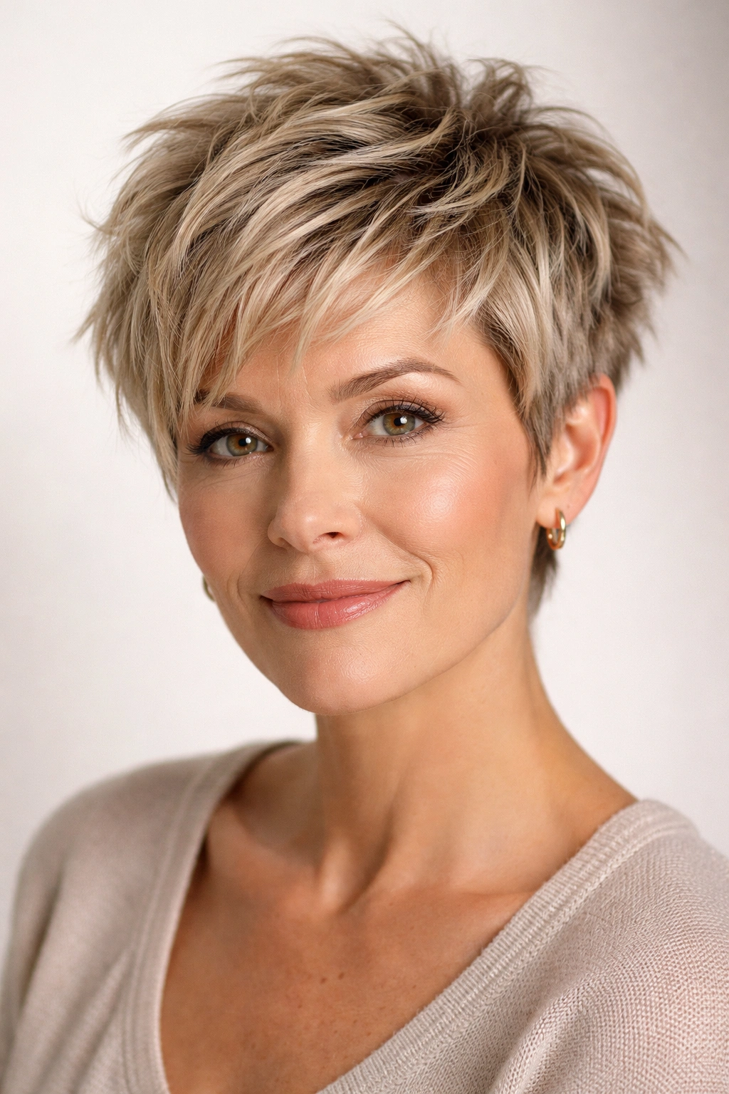 Portrait of a person with a textured pixie cut showing choppy layers and volume for fine hair