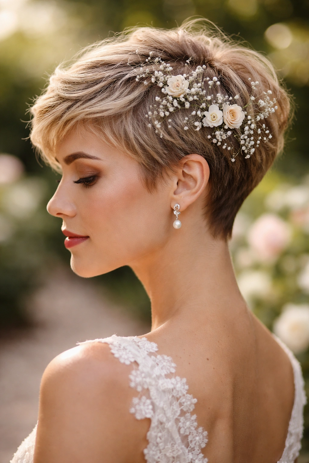 Side profile of a textured pixie with small flowers pinned into the hair