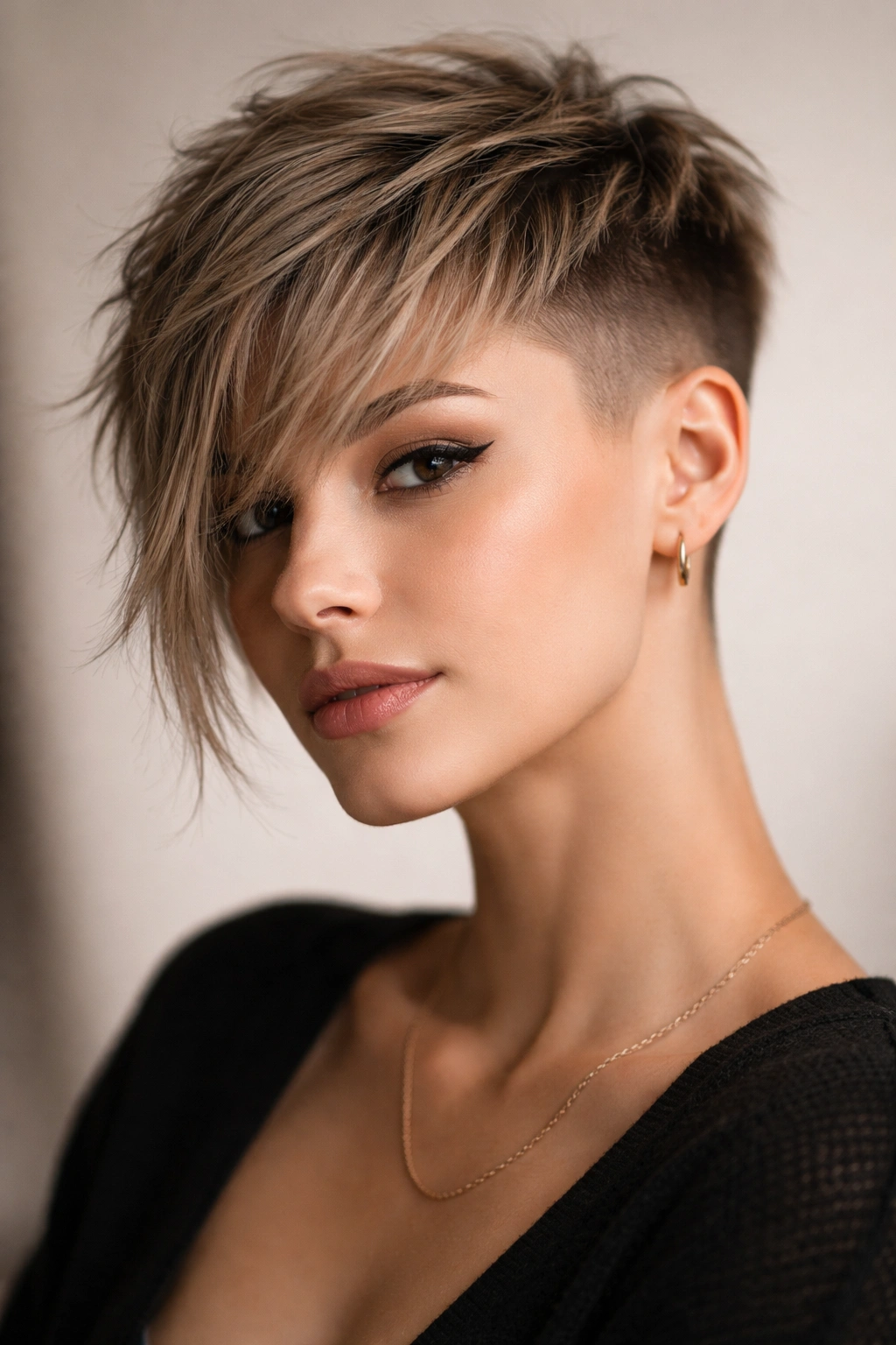 8 Shaved Pixie Cuts That Make A Bold Statement 3 Textured pixie with long fringe and shaved sides framing the face
