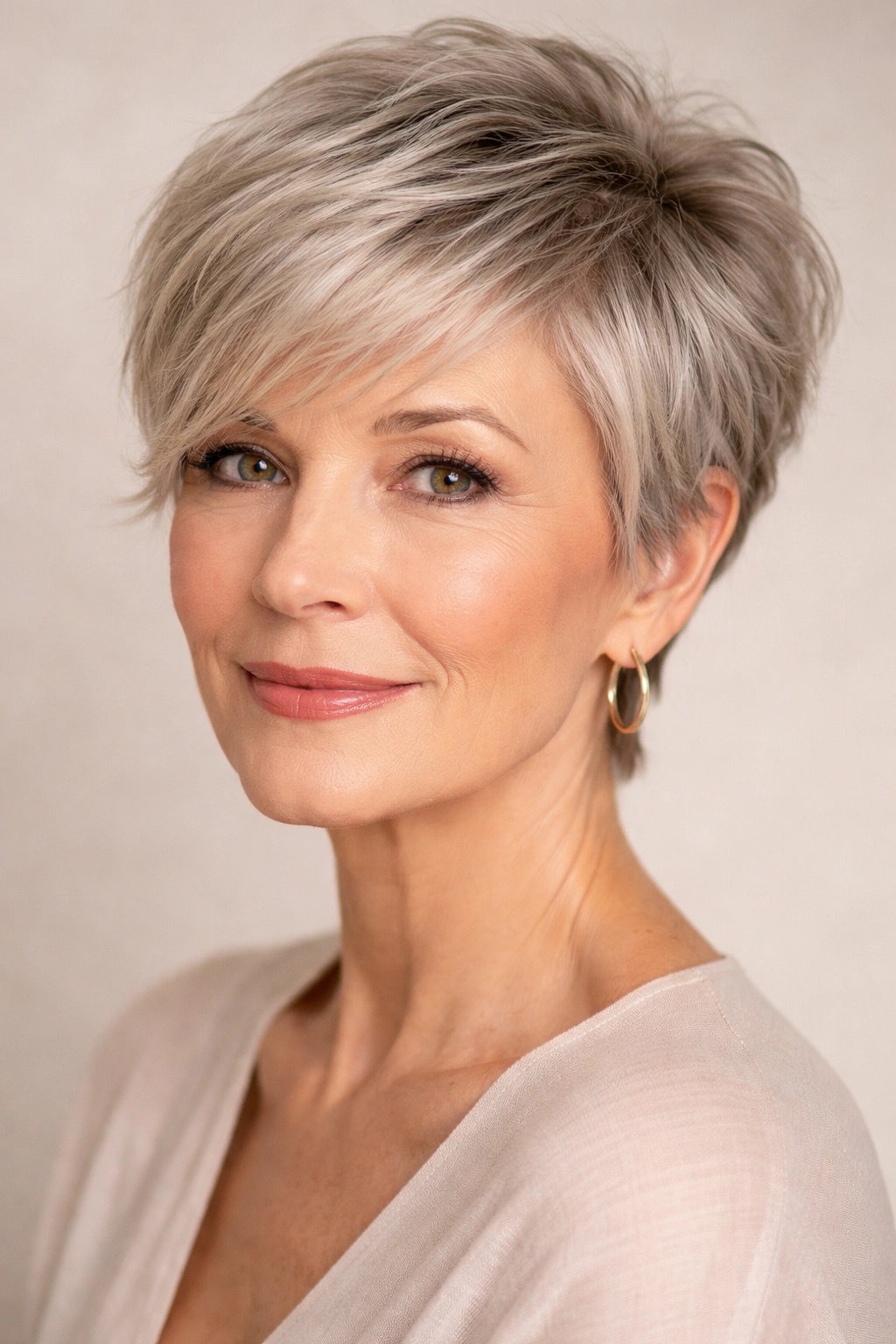 Close-up of textured pixie with side-swept fringe on a mature woman