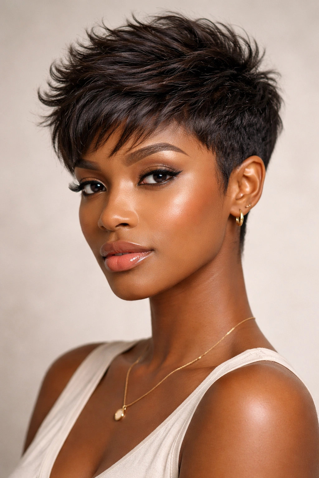 Close-up of a Black woman with a textured tapered pixie hairstyle showing layered fullness.