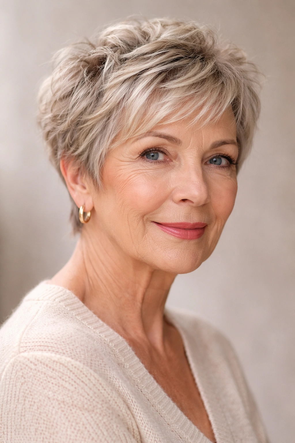 15 Hairstyles For Women Over 70 With Fine Hair 1 Portrait of a senior woman with a textured pixie cut showing grown-out sides and light-catching layers.
