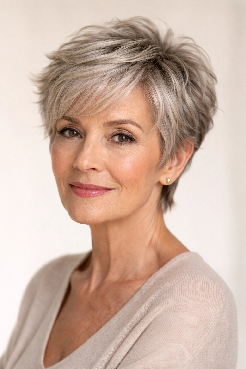 15 Gorgeous Hairstyles For Women Over 65 3 Close-up of a short textured pixie with top volume and soft framing sides.